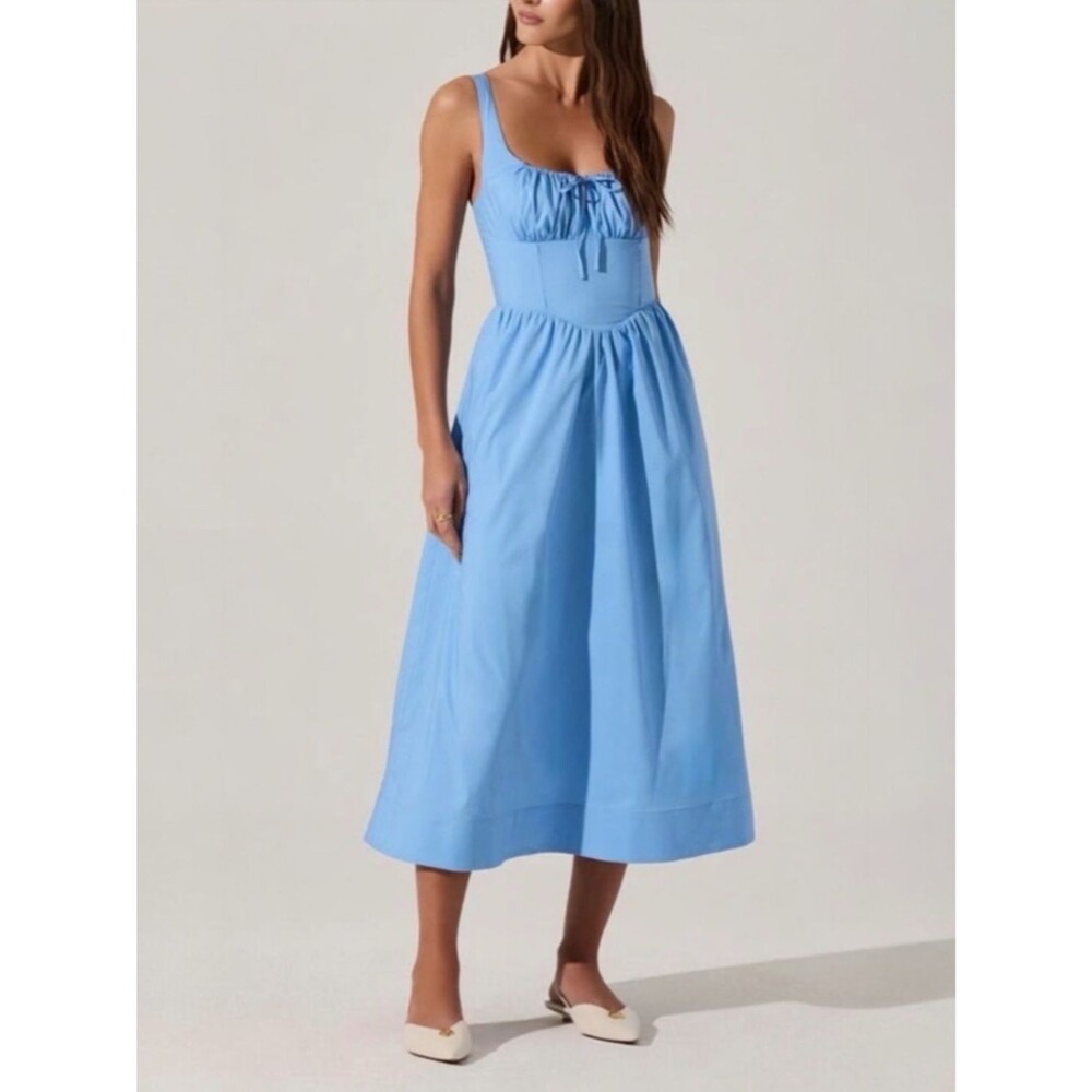 ASTR The Label Blue Corset Midi Dress Fit Flare Smocked Back Pockets Size Large